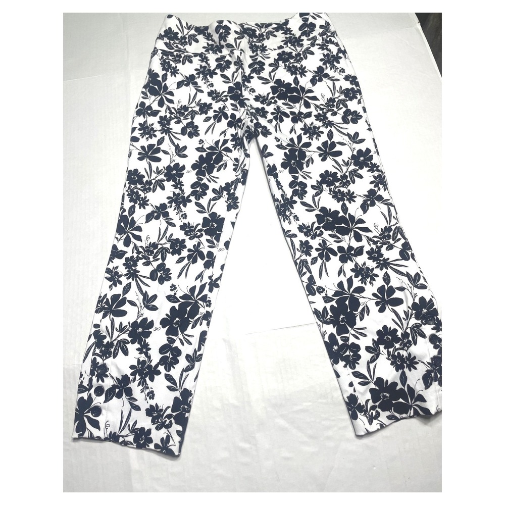 Cato Womens Navy Blue White Floral Ankle Pants Size 8 Button HemCropped Trousers